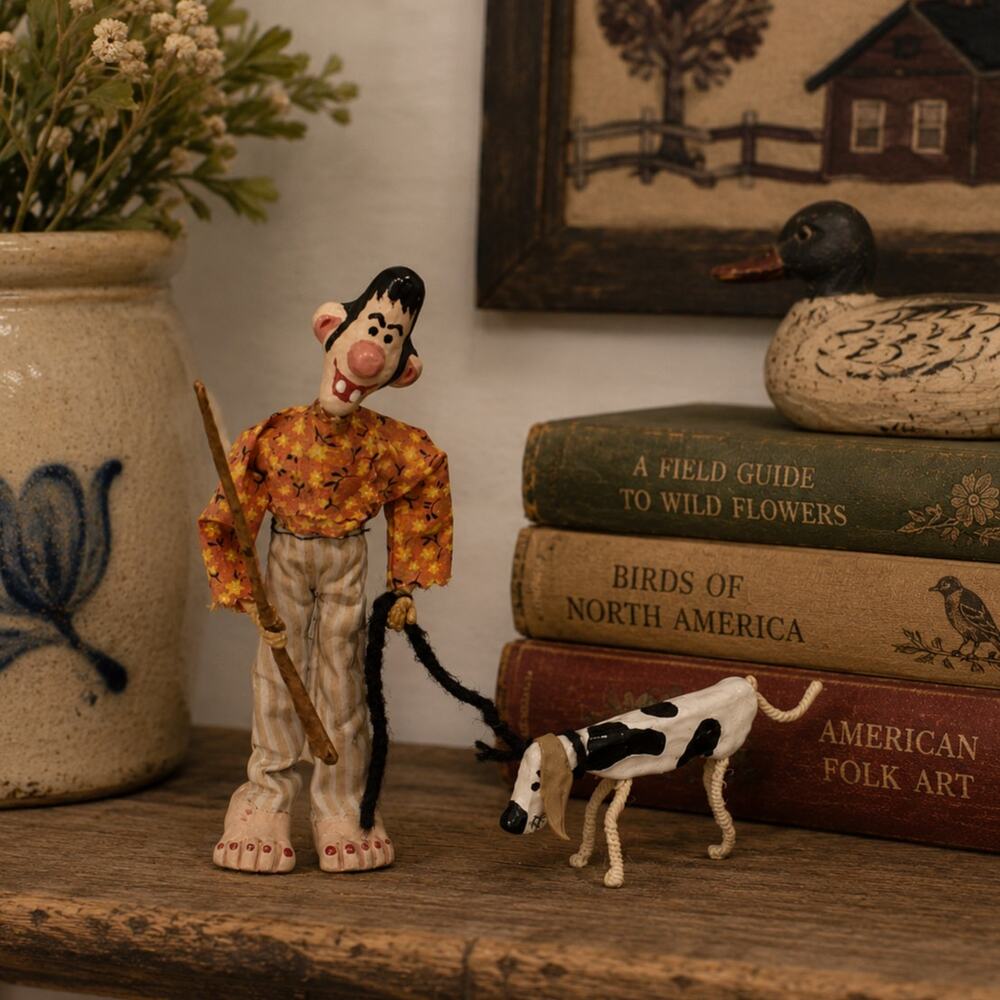 Vintage 70s Handmade Hillbilly Hunter & Hound Dog Figurines Folk Art Whimsy